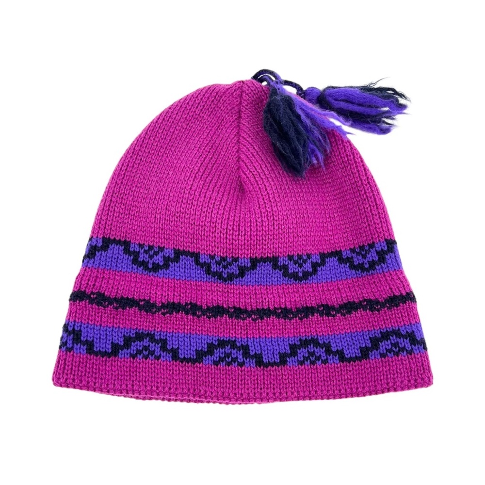 Vintage Wigwam Knit Ski Hat Pink Purple Wool Tassels Sheboygan Wisconsin USA